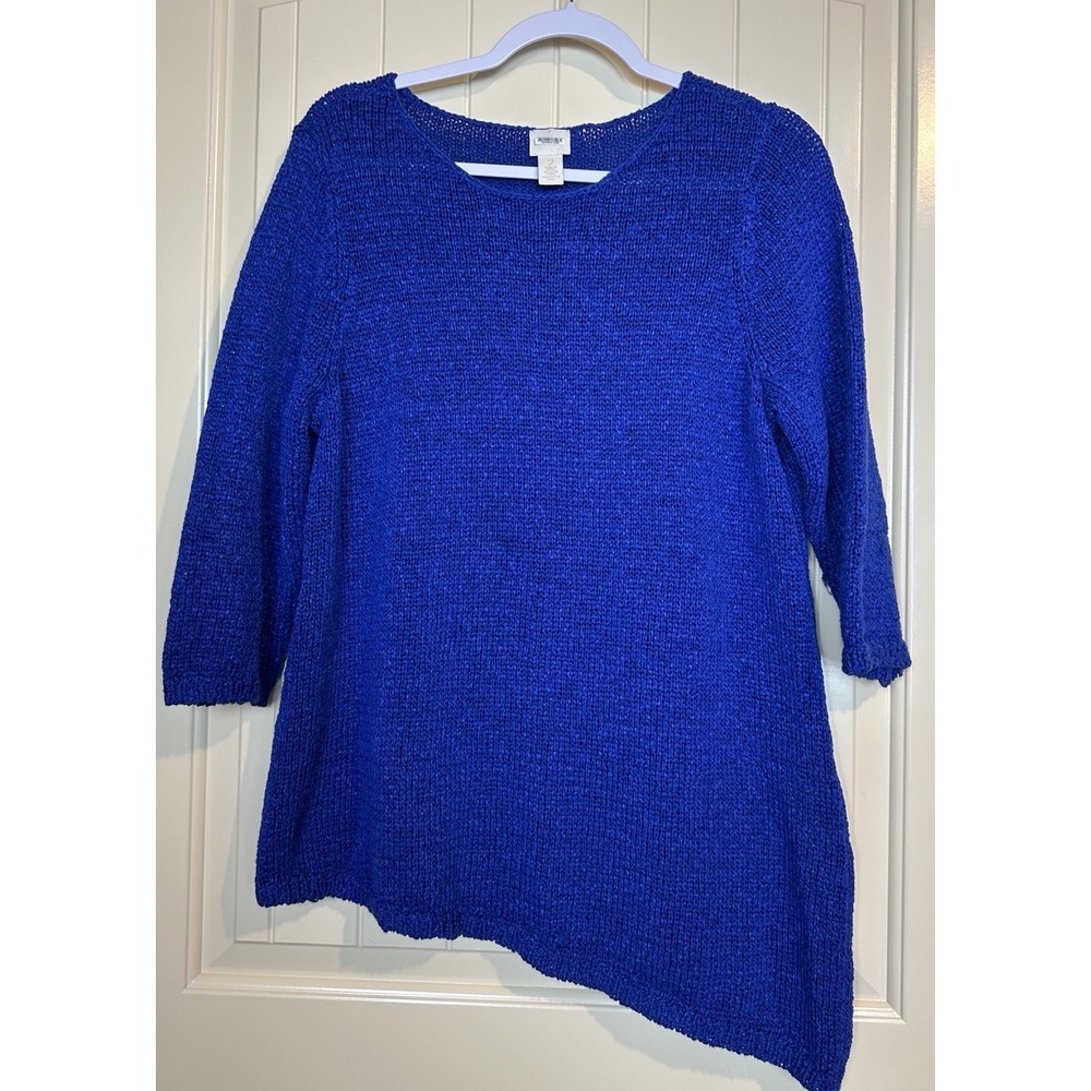 Chico's Open Knit 3/4 Sleeve Asymmetric Hem Sweater Womens Size 2 US L GUC